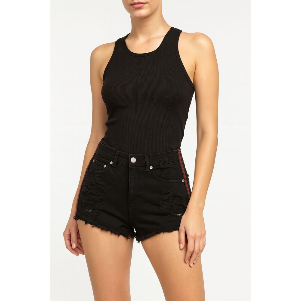 LF The Brand Cut-off Shorts Button-fly Red Zip Detail Black 28